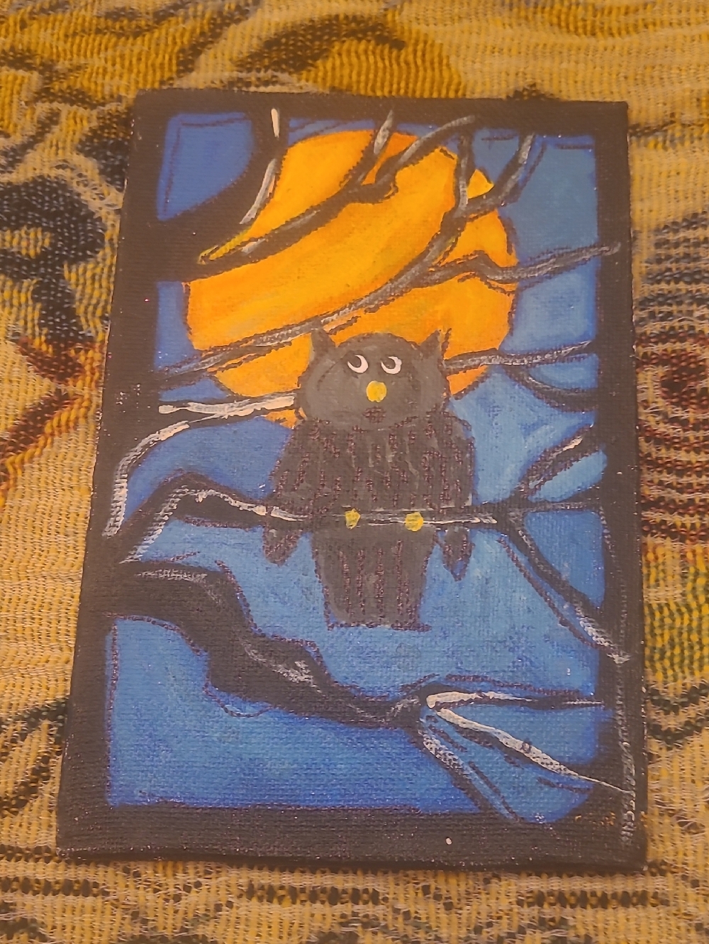 Hand-Painted Owl Moon Canvas - Blue & Orange Home Art